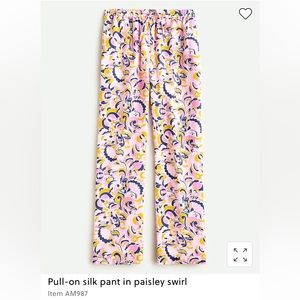 J Crew NEW silk lounge pink paisley swirl pull-on pants 8 NWOT